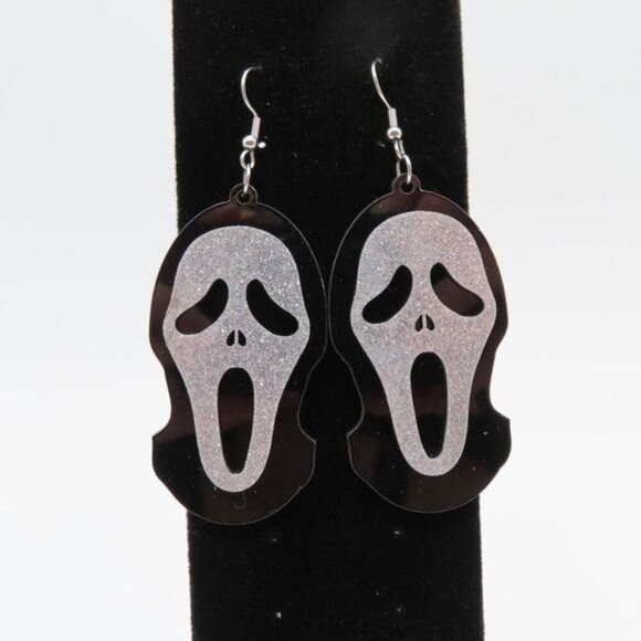Ghost Face Black Silver Glitter Dangle Earrings Halloween Scream Horror Spooky - Picture 4 of 8